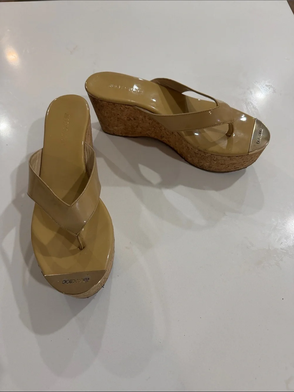Jimmy Choo Nude Patent Cork Wedge Thongs